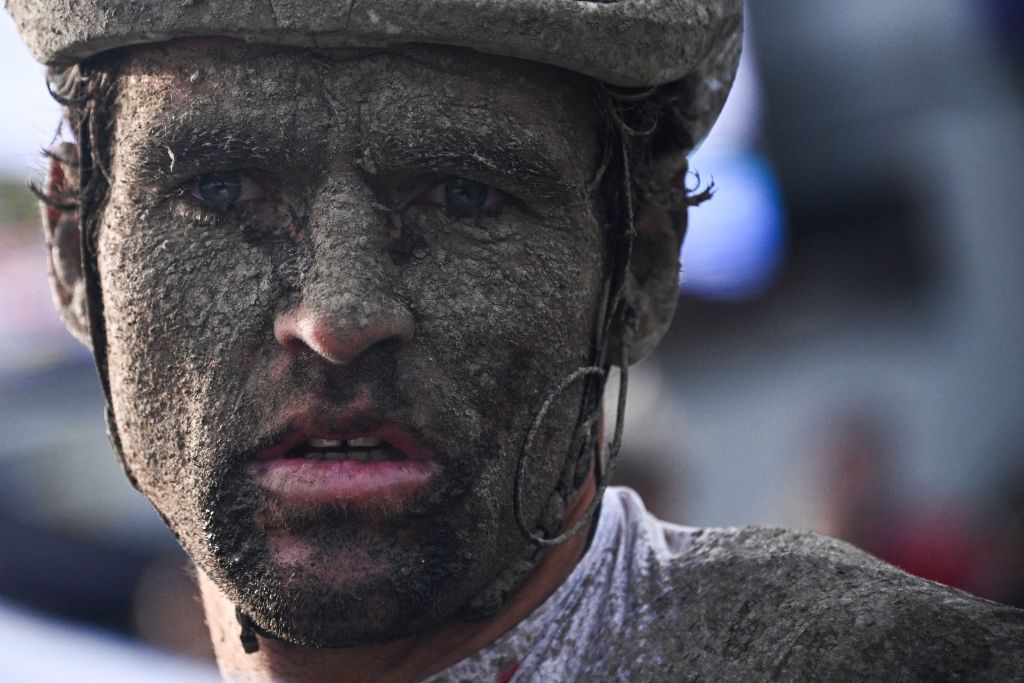 AG2R Citroen Team Greg Van Avermaet from Belgium reacts on the finishing area after competing in the 118th edition of the ParisRoubaix oneday classic cycling race between Compiegne and Roubaix in the Velodrome stadium in Roubaix northern France on October 3 2021 Photo by AnneChristine POUJOULAT various sources AFP Photo by ANNECHRISTINE POUJOULATAFP via Getty Images