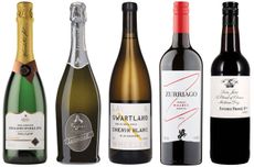 Line up of six wine bottles