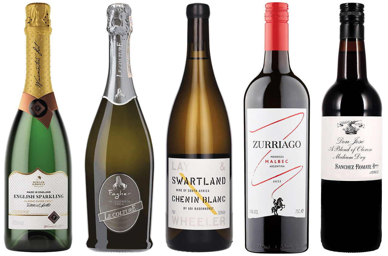 Line up of six wine bottles