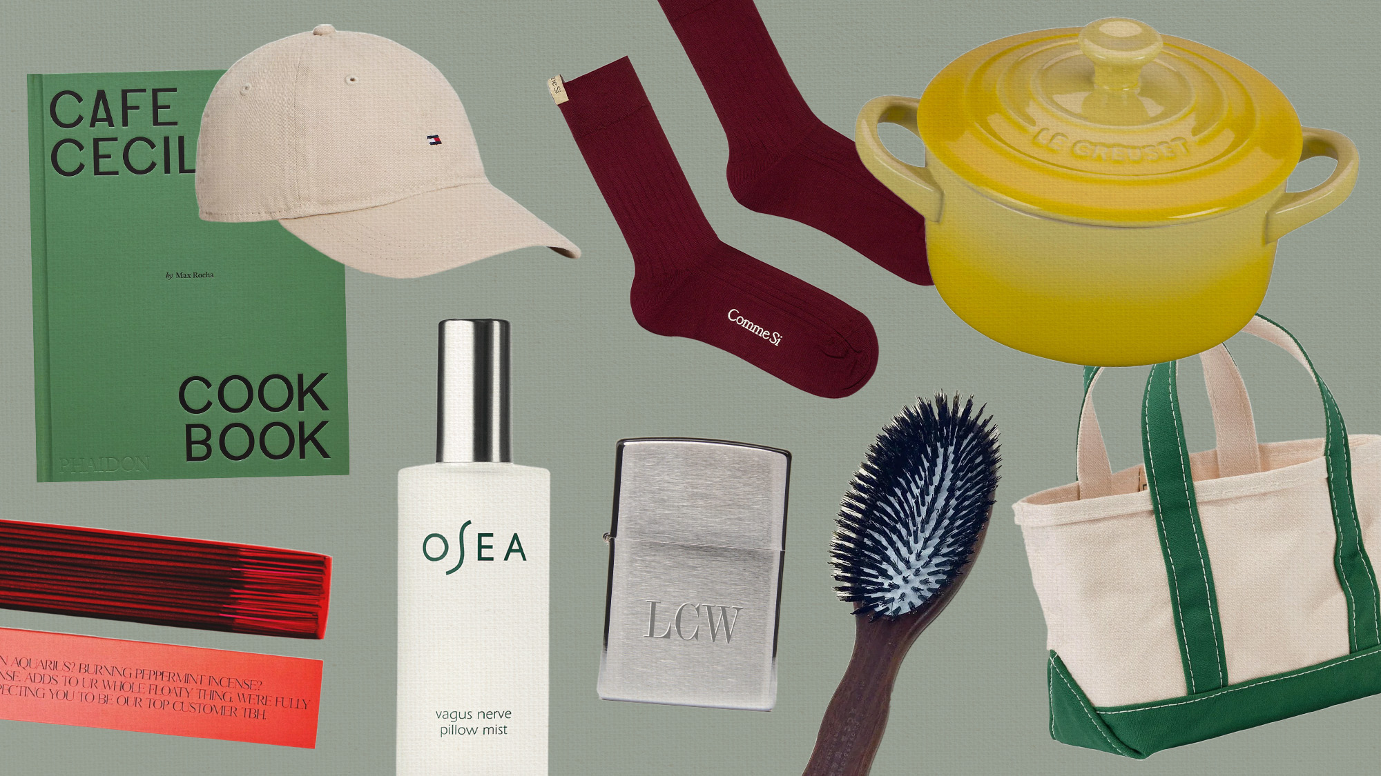 collage of chic under $50 holiday gift ideas affordable presents like a Cafe Cecilia cooking book, incense, Comme Si socks, Acca Kappa hair brush, LL Bean tote, mini Le Creuset baking dish, Osea pillow mist, Zazzle engraved lighter, and Tommy Hilfiger baseball cap