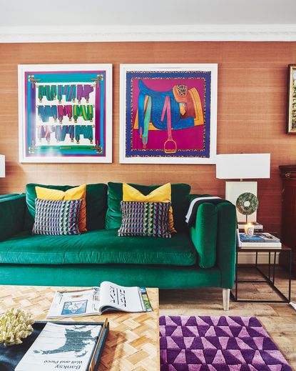 colourful living room with green velvet sofa