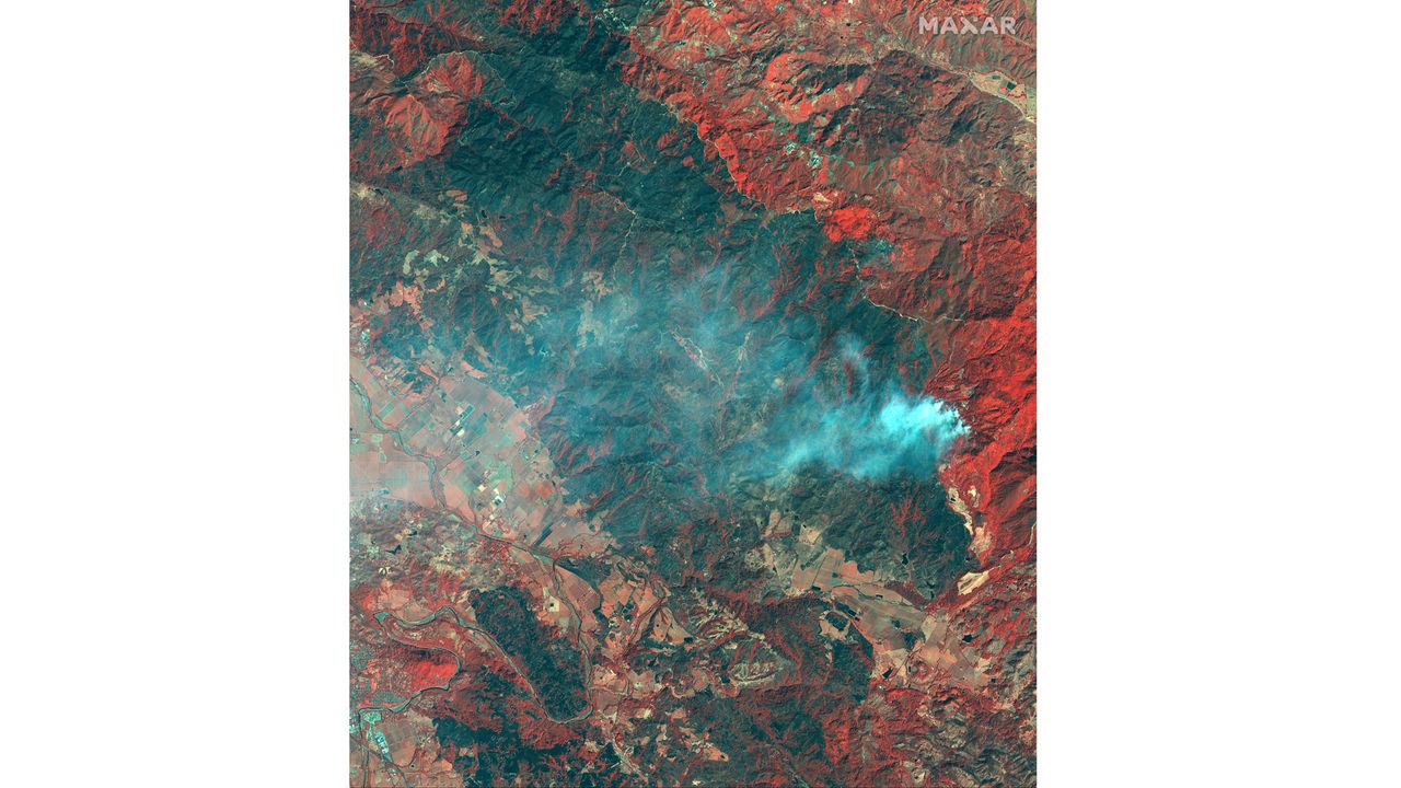 A colored infrared image of the Kincade fire on Oct. 30.