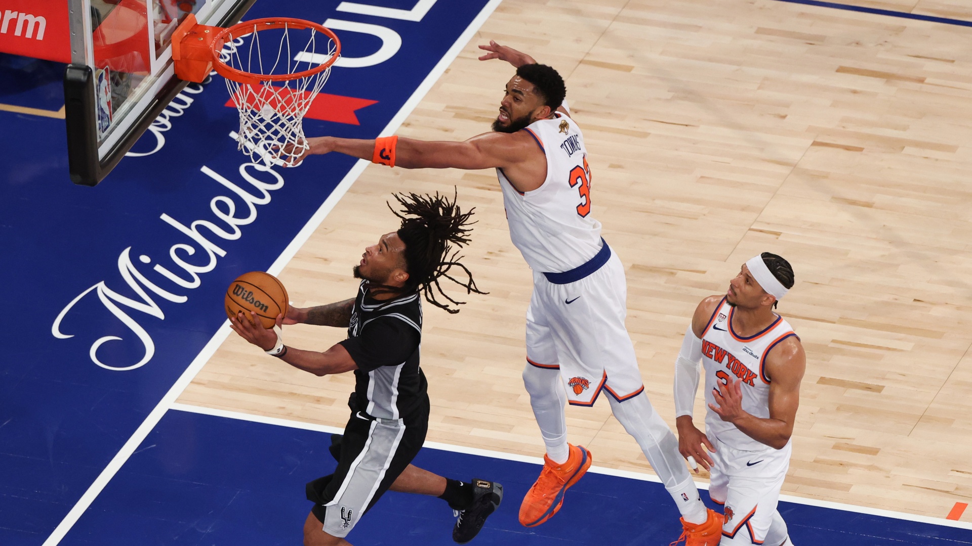 Stephon Castle of the San Antonio Spurs driving to the basket during the 2026 NBA Finals