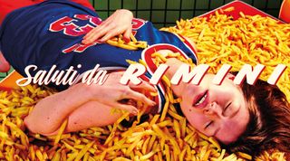 Woman laying on fries poster for Rimini by duo ToiletPaper