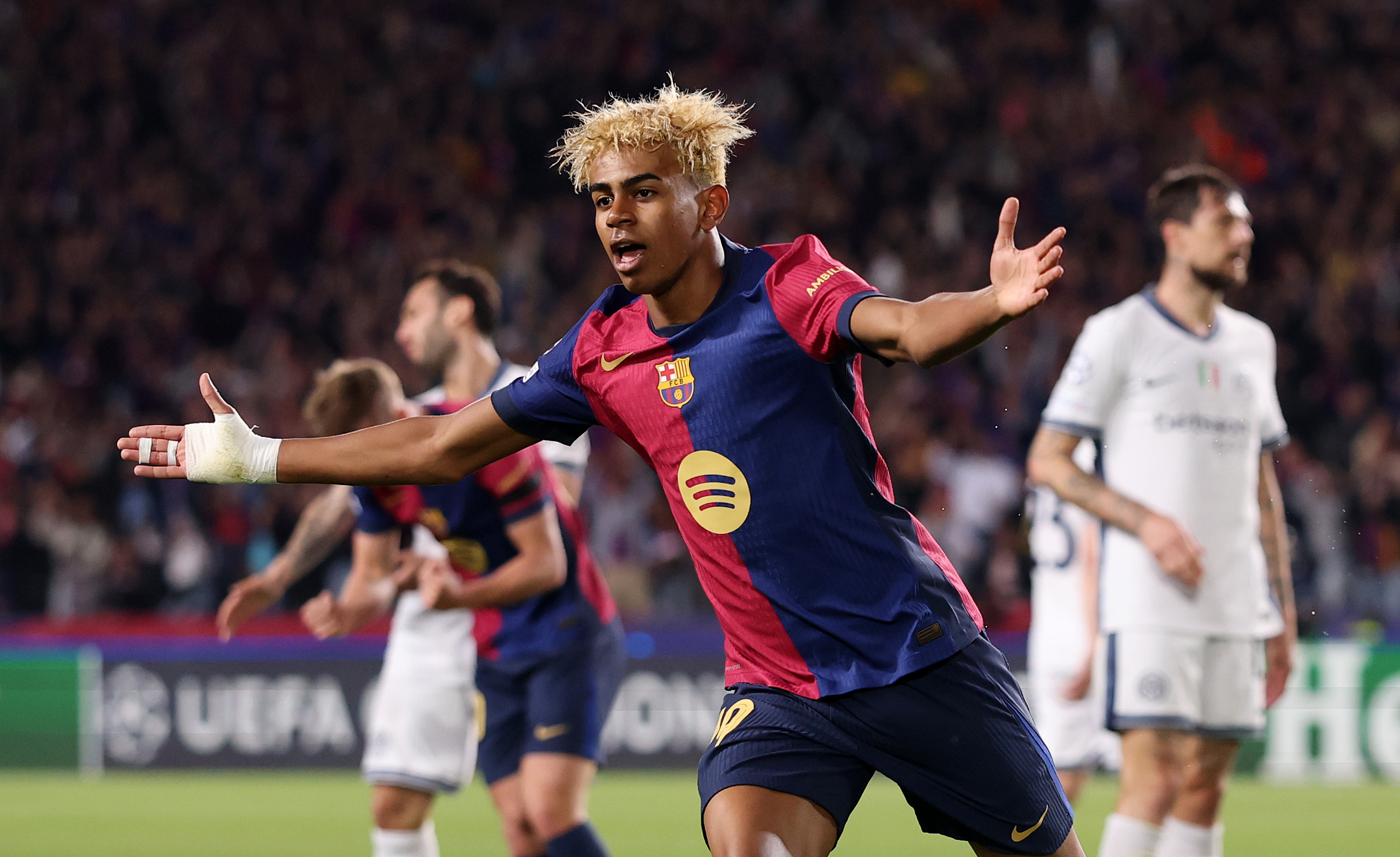 Lamine Yamal celebrates after scoring for Barcelona against Inter in the teams' Champions League semi-final first leg in April 2025.