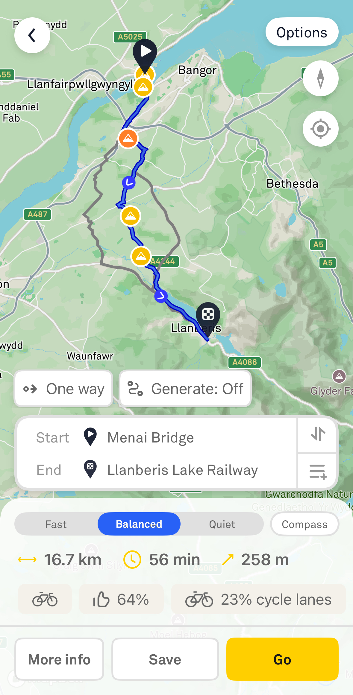 A screenshot from the navigation app based on google maps, showing 16.7km ride on 'balanced' mode, but options for 'fast' and 'quiet'. Also shows time, elevation, road rating (65%) and 23% cycle lanes.