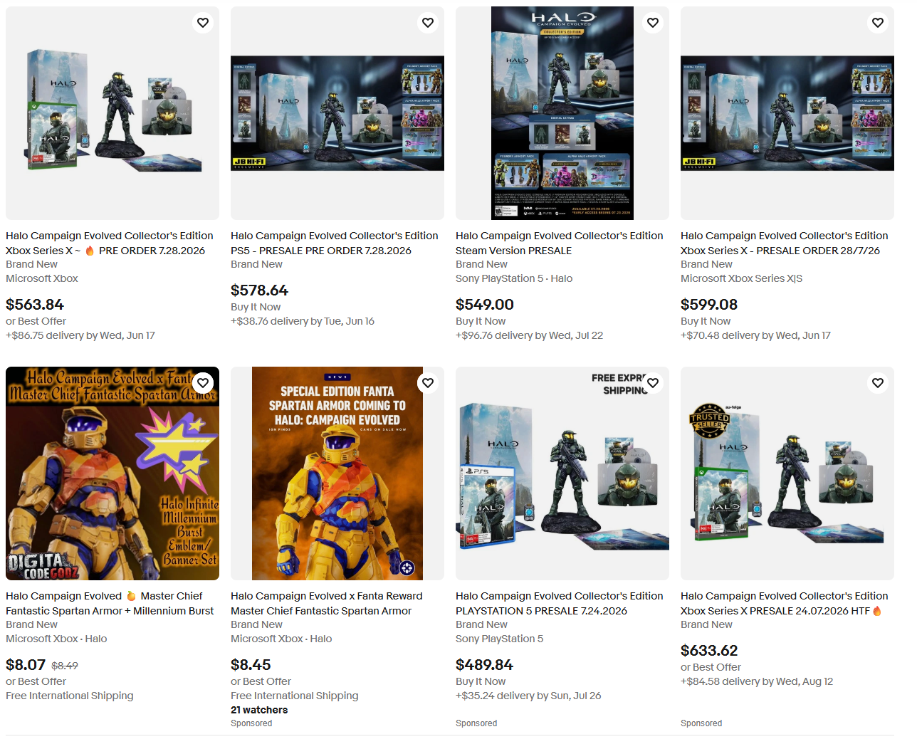 eBay search results showing multiple Halo: Campaign Evolved Collector's Edition listings priced between roughly $490 and $630, highlighting reseller activity ahead of launch.
