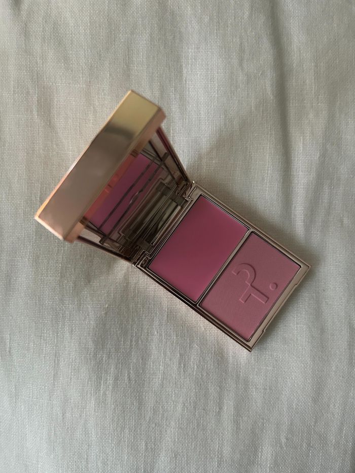 PATRICK TA Major Headlines Double-Take Cream and Powder Blush Duo on a white linen background