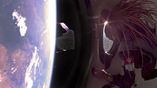 a woman with long braids looks at earth through the window of a spacecraft.