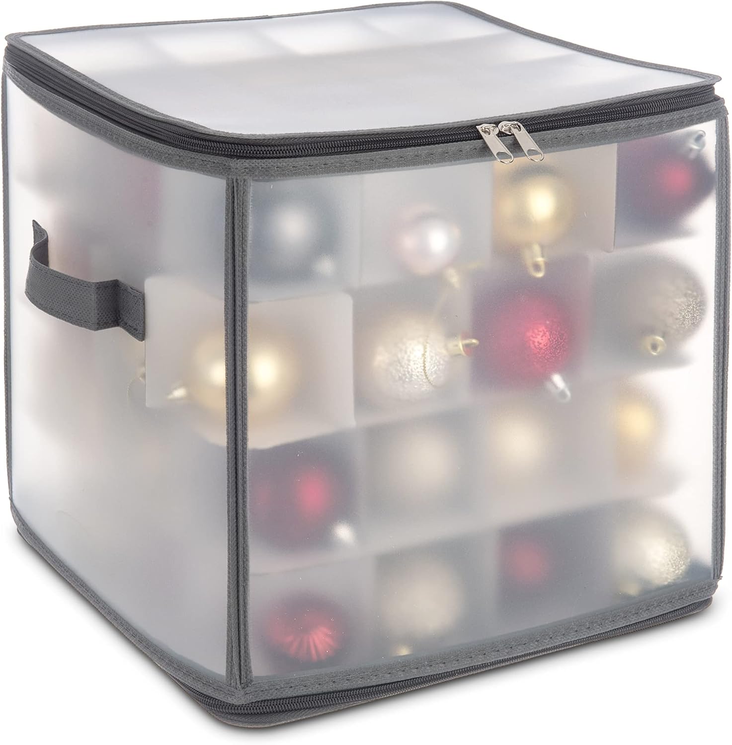 Christmas Village Bauble and Decoration Storage Cube With Padded Dividers for 64 Xmas Ornaments &amp;ndash; Heavy Duty Folding 4 Layer Holder With Separators, Zipped Lid and Handles (grey)