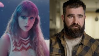 From left to right: a screenshot of Taylor Swift in the Lavender Haze music video and a press image from Amazon Prime of Jason Kelce in Kelce.
