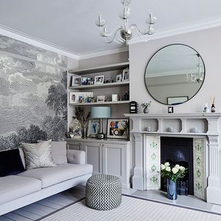 grey sitting room with patterned feature wall