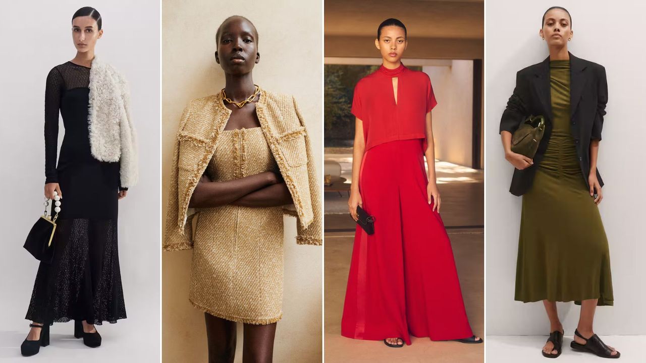 Four images of models wearing items from the ME+EM sale 