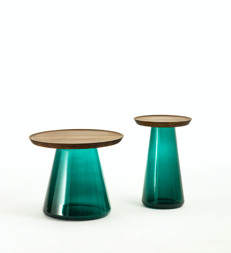Milan Design Week Porada Jigger coffee tables with wood round top and glass base in green