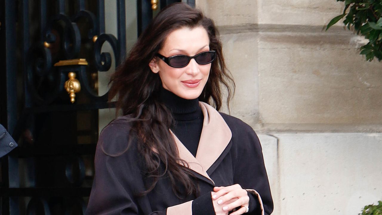 bella hadid wears a vintage shoe trend with a colorblock coat in Paris