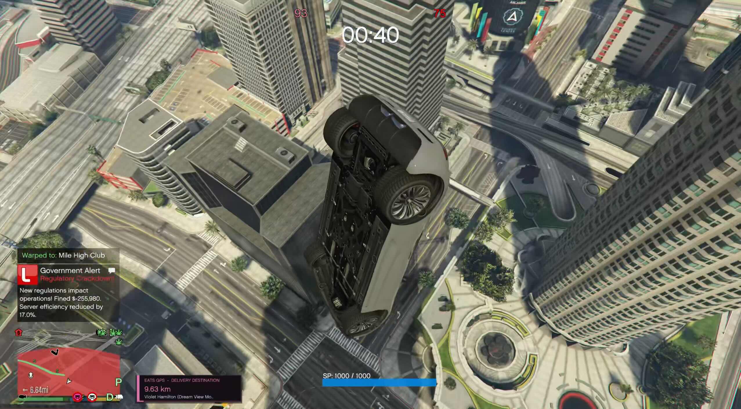 A car plummets to the ground from high in the air.