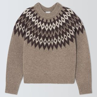 A cut out of a John Lewis Fair Isle Jumper in neutral tones on a white background