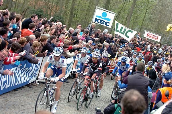 The peloton passes over the Molenberg which was the first climb of the day.