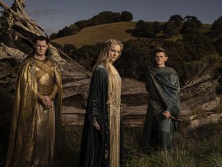 Benjamin Walker (High King Gil-galad), Morfydd Clark (Galadriel) and Robert Aramayo (Elrond) in a promotional image for The Lord of the Rings: The Rings of Power