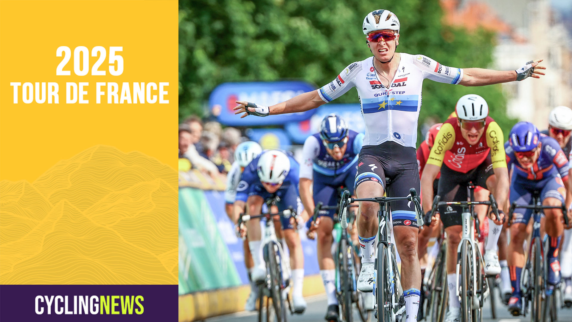 Belgian Tim Merlier of Soudal Quick-Step celebrates as he crosses the finish line to win the Brussels Cycling Classic one day cycling race, 205,1 km from and to Brussels, Sunday 08 June 2025. BELGA PHOTO DAVID PINTENS (Photo by DAVID PINTENS / BELGA MAG / Belga via AFP) (Photo by DAVID PINTENS/BELGA MAG/AFP via Getty Images)