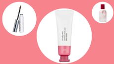 a selection of Glossier at Sephora products against a pink background