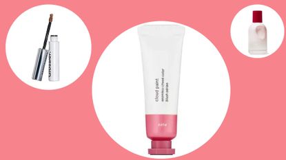 a selection of Glossier at Sephora products against a pink background