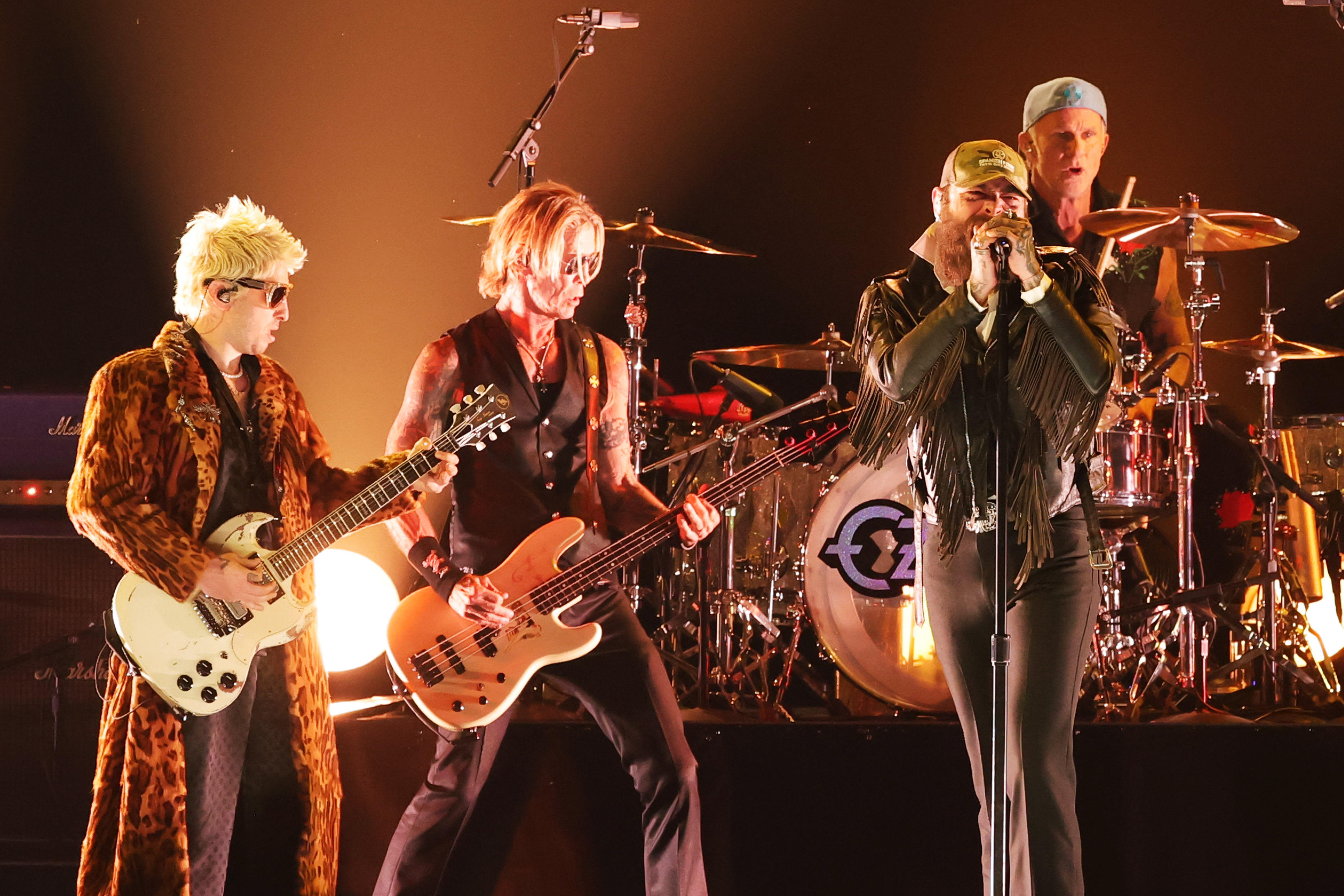 (L-R) Andrew Watt, Duff McKagan, Post Malone, and Chad Smith perform onstage during the 68th GRAMMY Awards at Crypto.com Arena on February 01, 2026 in Los Angeles, California