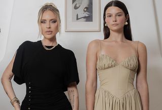 Stylist Maeve Reilly stands in black T-shirt and jeans next to Rent the Runway model wearing tan drop-waist dress.