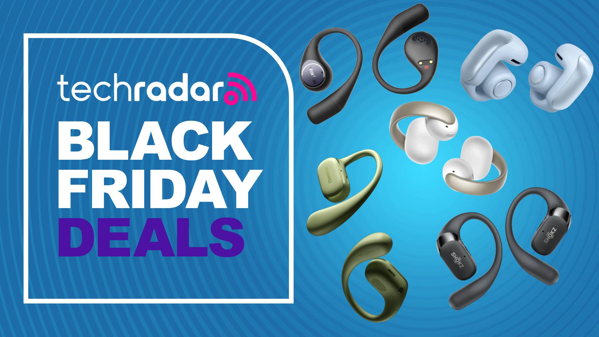 Collection of open earbuds on blue background with the words 'TechRadar Black Friday deals' positioned on the left side of the image