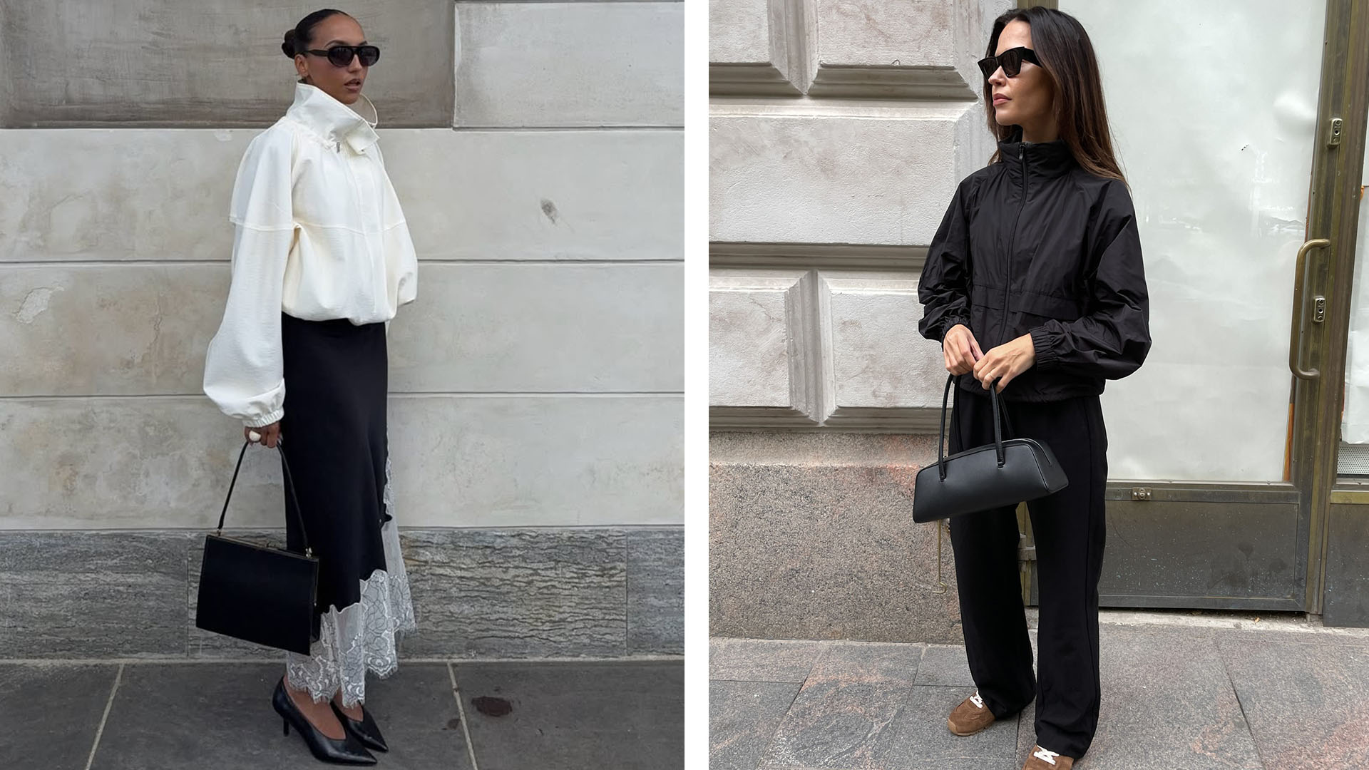 Woman wearing a white funnel-neck jacket and black satin skirt; woman wearing a black sporty jacket and black pants