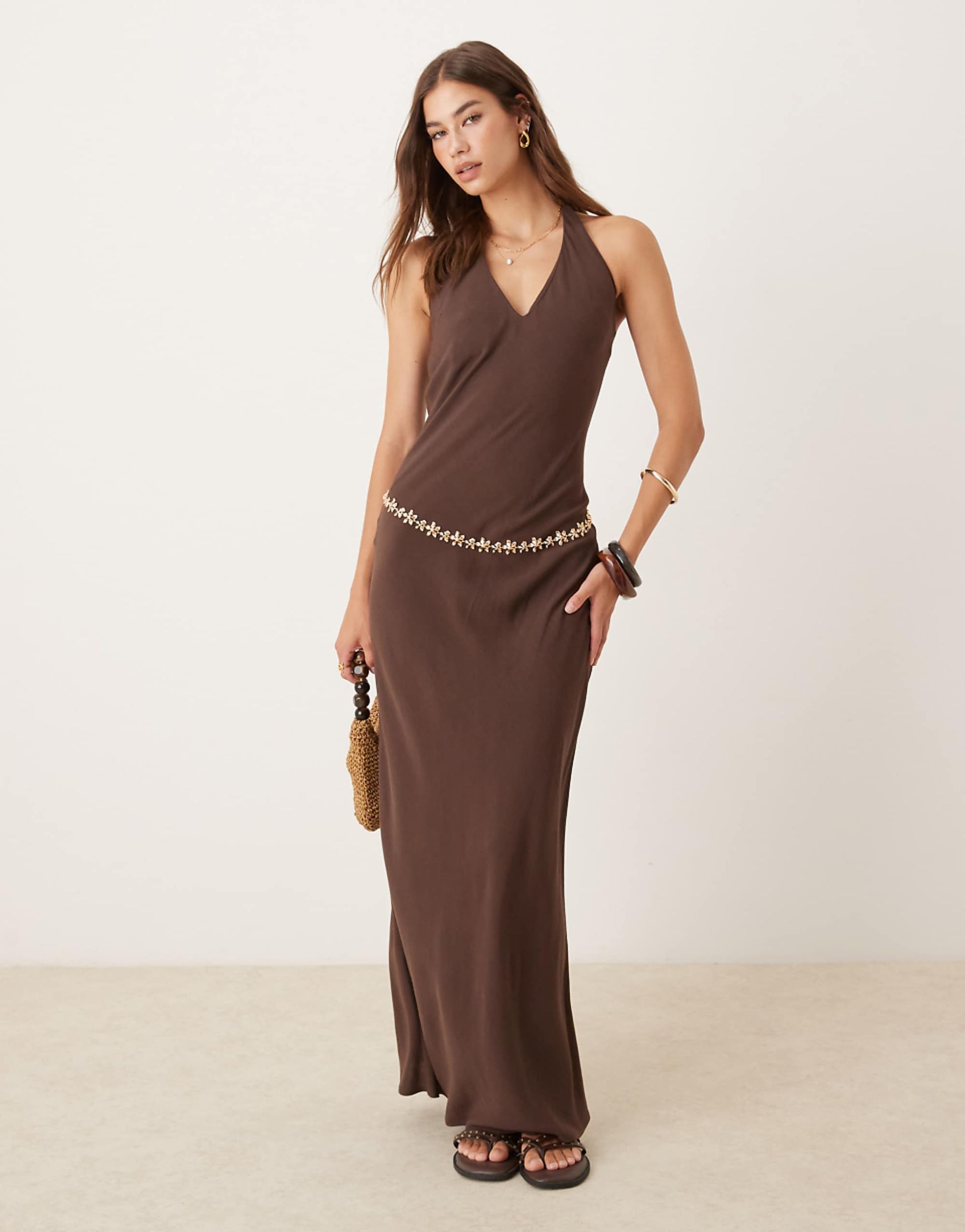 Asos Design Linen Blend Halter Maxi Dress in Chocolate