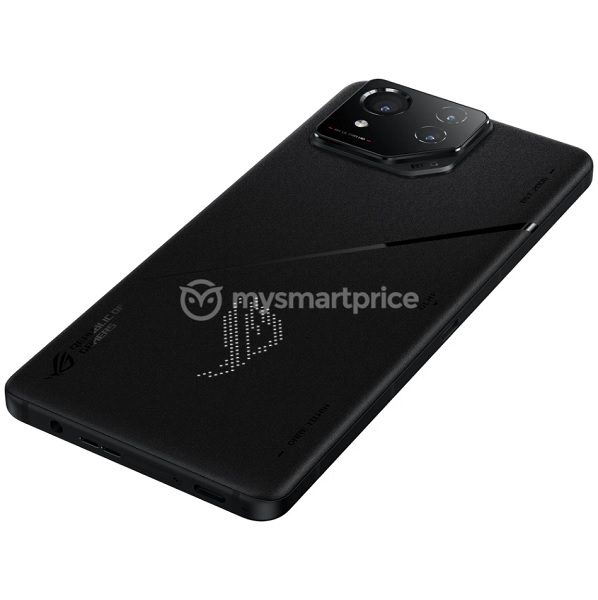 An alleged angled render of the ROG Phone 8 Pro and its rear panel with dot LED lights.