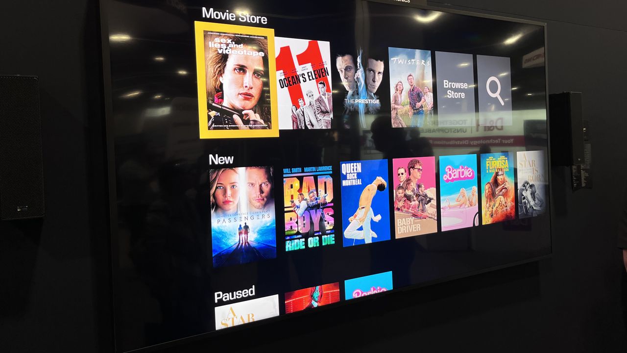 Kaleidescape Strato V movie player interface shown on TV screen