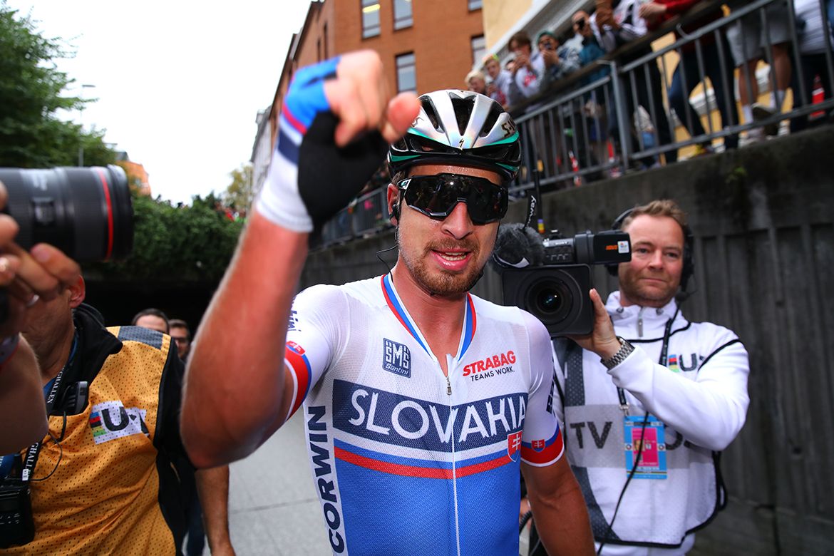 Peter Sagan (Slovakia) celebrates his third world title