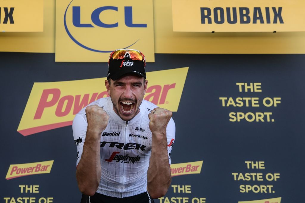 John Degenkolb (Trek-Segafredo) lets out a primal scream on the podium