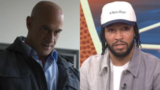 Elliot Stabler (Christopher Meloni) questions someone on Law & Order: Organized Crime, while Jalen Brunson is interviewed on CBS Mornings.