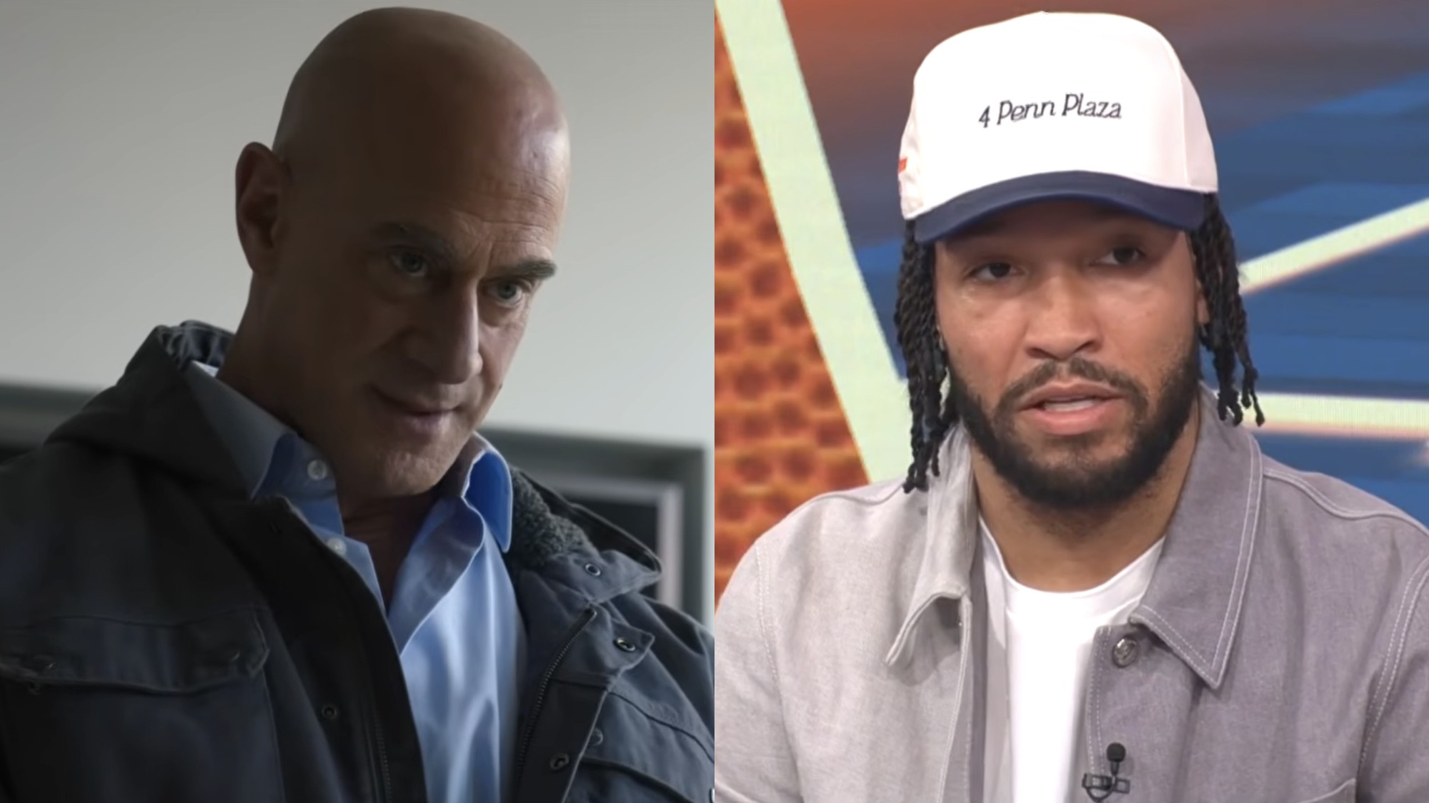 Elliot Stabler (Christopher Meloni) questions someone on Law &amp; Order: Organized Crime, while Jalen Brunson is interviewed on CBS Mornings.