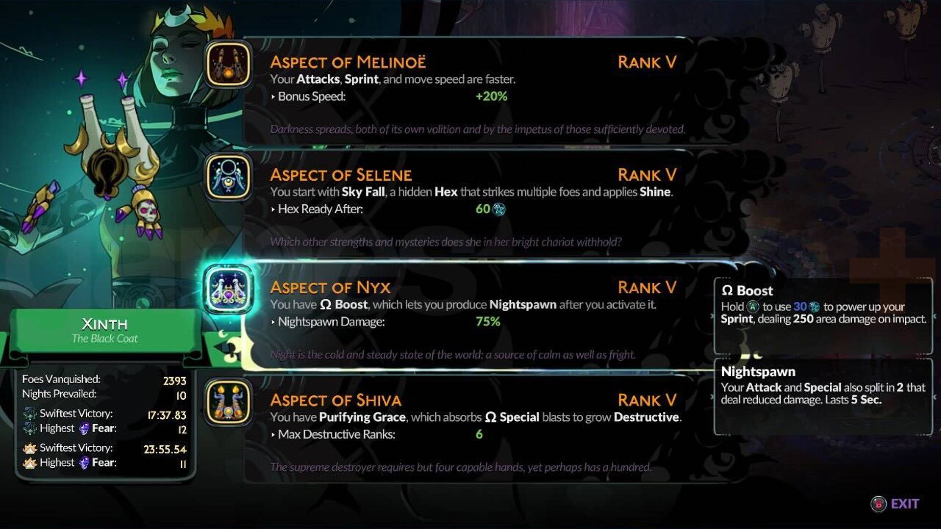 Hades 2 Black Coat Aspects of Melinoe, Selene, Nyx, and Shiva