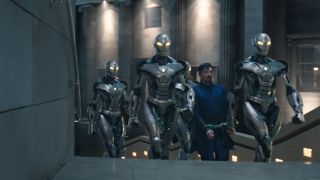 Doctor Strange is escorted by robots in Doctor Strange In The Multiverse Of Madness