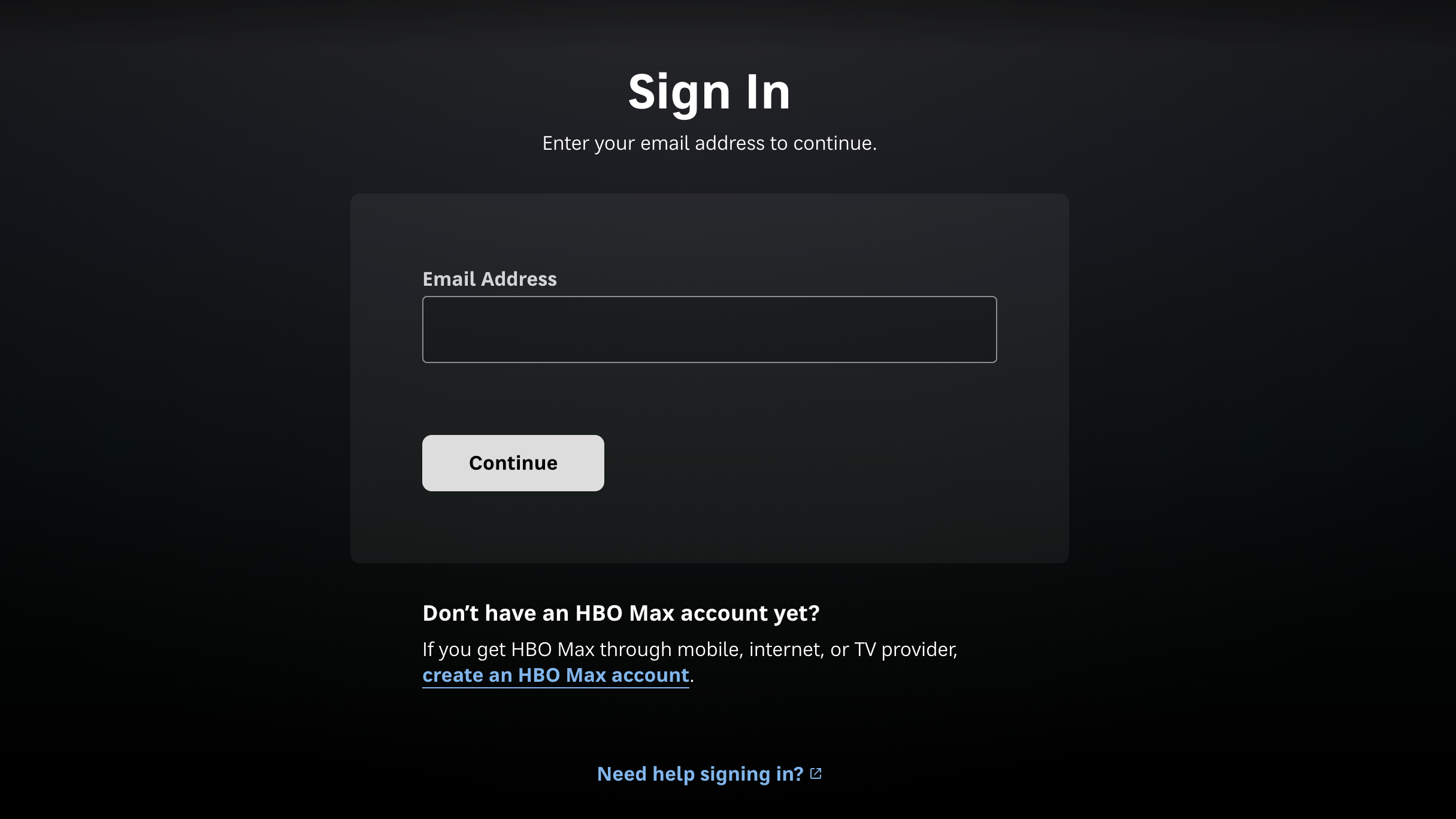 Screenshot of HBO Max sign in page
