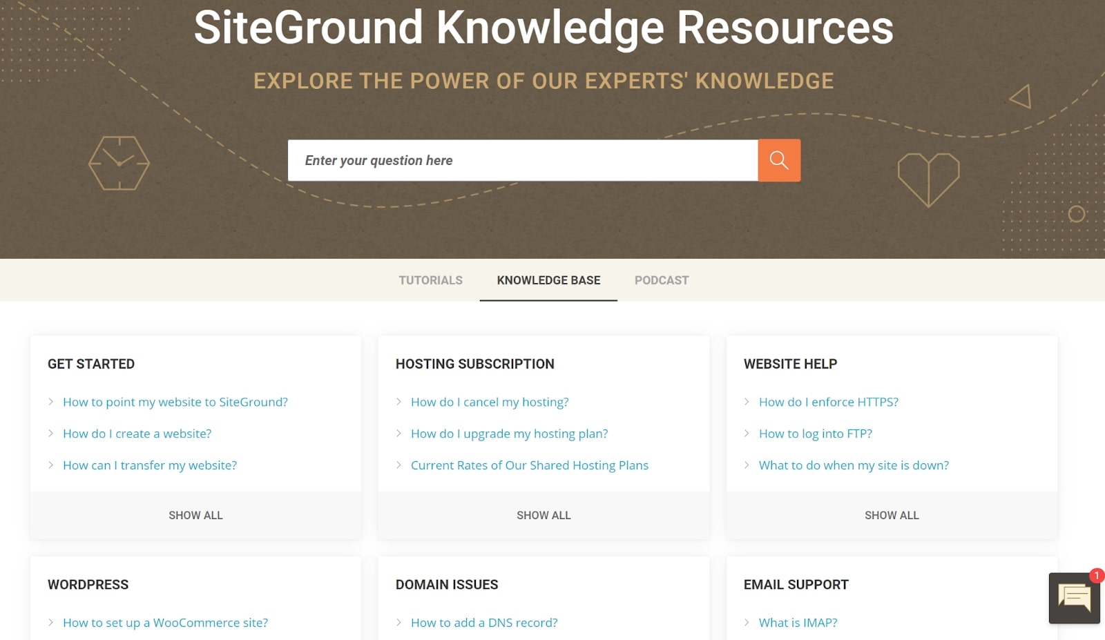 Page d'accueil du support SiteGround