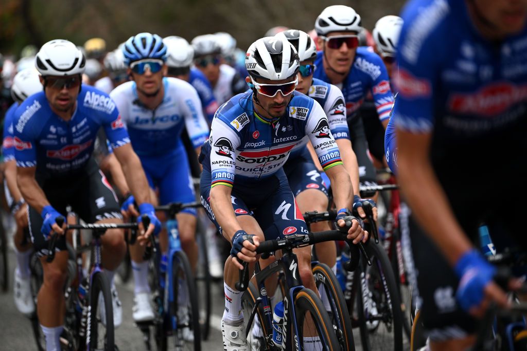FOLIGNO ITALY MARCH 08 Julian Alaphilippe of France and Team Soudal QuickStep competes during the 58th TirrenoAdriatico 2023 Stage 3 a 216km stage from Follonica to Foligno 231m UCIWT TirrenoAdriatico on March 08 2023 in Foligno Italy Photo by Tim de WaeleGetty Images