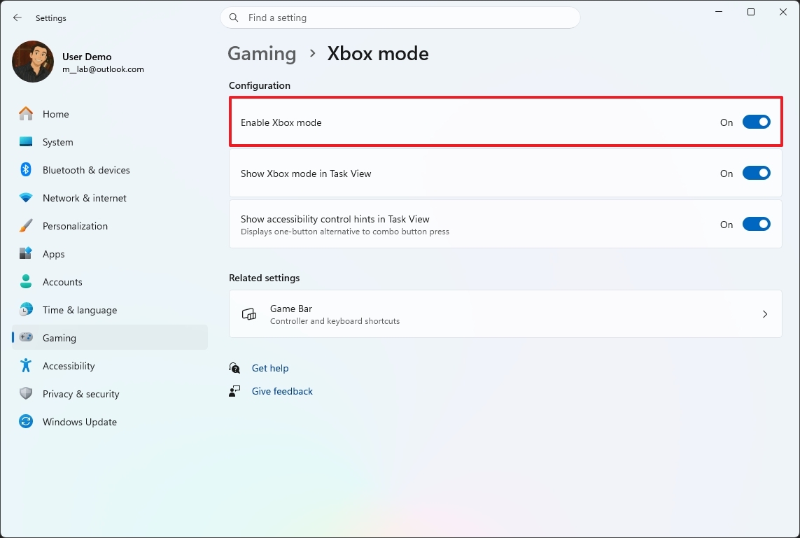 Windows 11 enable Xbox mode