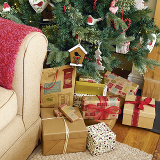 living room with christmas presents