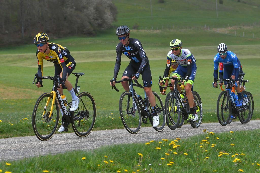 SAINTIMIER SWITZERLAND APRIL 29 Antwan Tolhoek of Netherlands and Team Jumbo Visma Hermann Pernsteiner of Austria and Team Bahrain Victorious Davide Villella of Italy and Movistar Team Chris Hamilton of Australia and Team DSM Jonathan Klever Caicedo Cepeda of Ecuador and Team EF Education Nippo Rein Taaramae of Estonia and Team Intermarch Wanty Gobert Matriaux in the Breakaway during the 74th Tour De Romandie 2021 Stage 2 a 1657km stage from La Neuveville to SaintImier TDR2021 TDRnonstop UCIworldtour on April 29 2021 in SaintImier Switzerland Photo by Luc ClaessenGetty Images