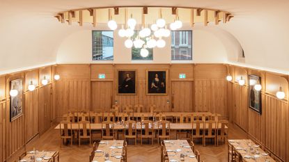 chandelier and wood cladding at St Catharine's College, Cambridge