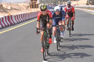 Sun Xiaolong (Mitchelton-BikeExchange) in the break at the Dubai Tour.