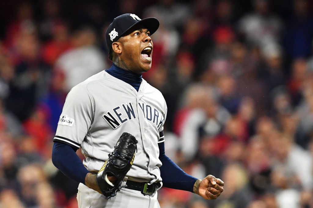 Aroldis Chapman of the Yankees celebrates his team&amp;#039;s win.