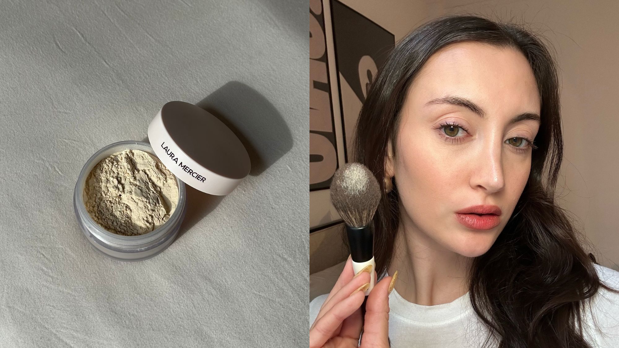 Images of the Laura Mercier Ultra-Blur Translucent Loose Setting Powder and Alyssa Brascia wearing setting powder.