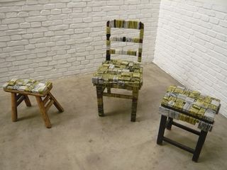 Furniture constructed from wooden blocks covered in string
